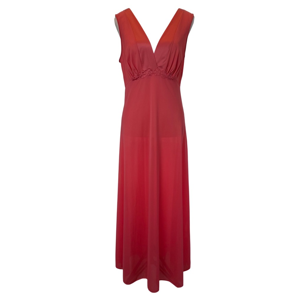 Vintage Vanity Fair Coral Pink Nylon Nightgown Maxi Lace Empire Waist 36ee